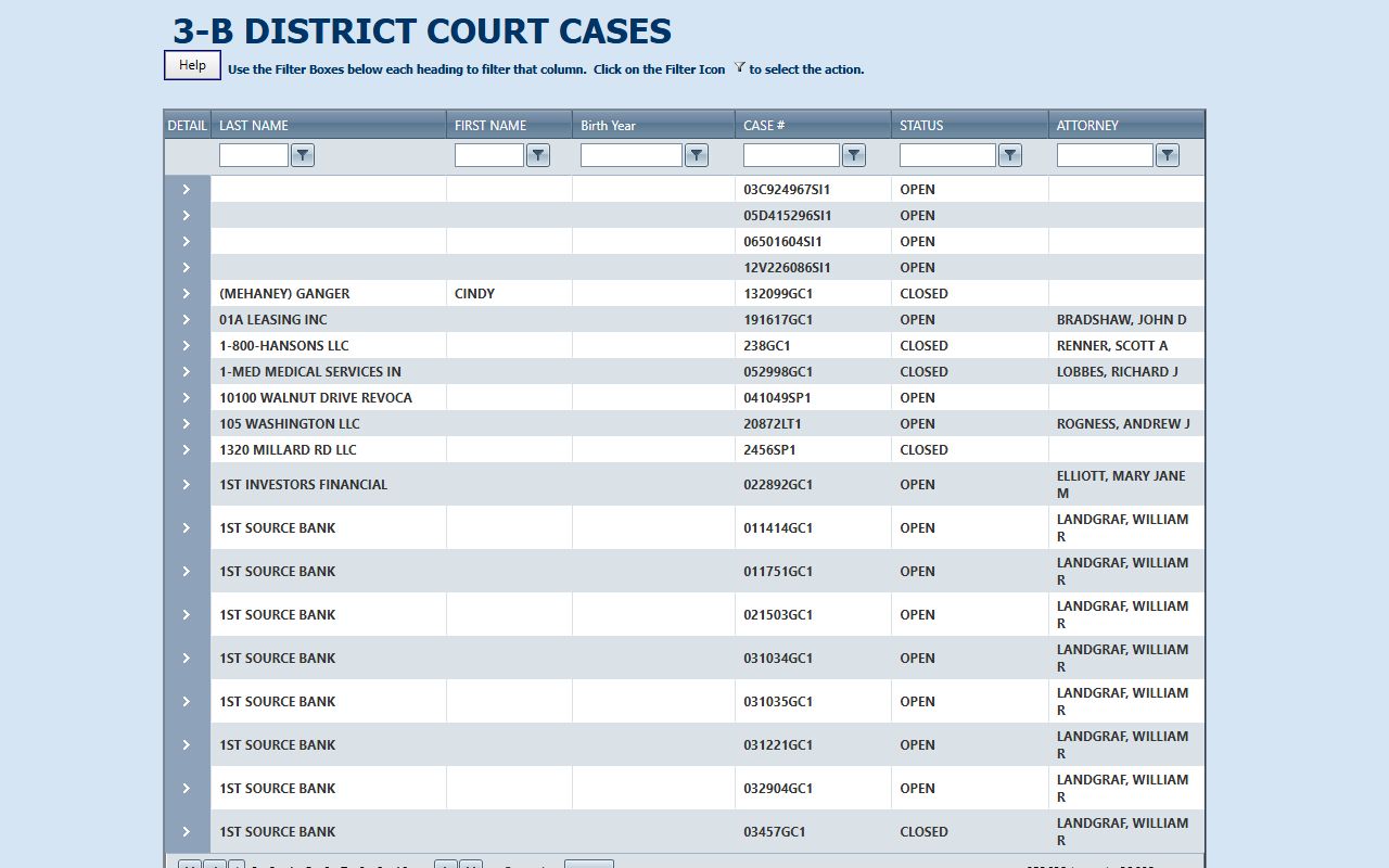 3B District Court case index with name, birth year, case number, status, and attorney fields