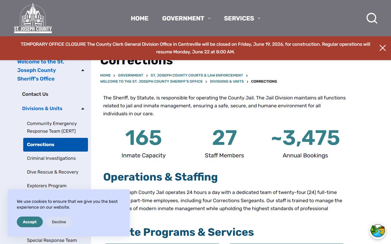 St. Joseph County Corrections division page for jail operations, staffing, and programs