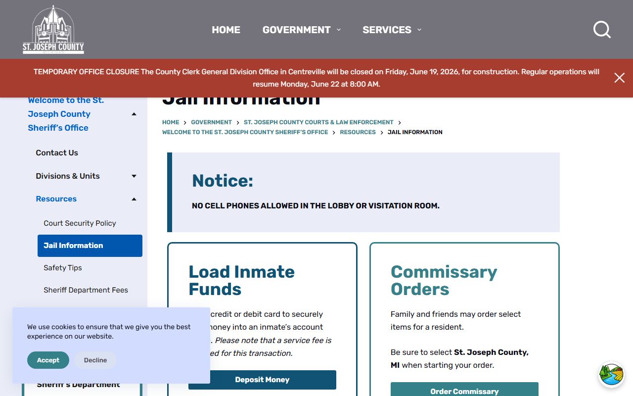 St. Joseph County Jail Information page with visitation, mail, funds, and property rules